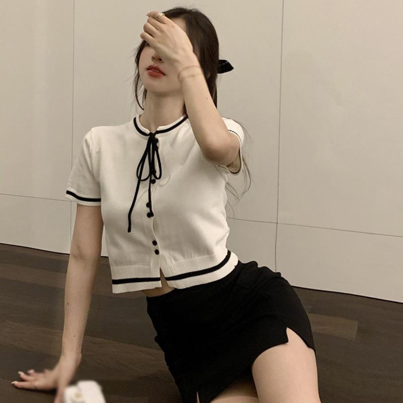 

Женские вязаные топы с короткими рукавами, милая рубашка с галстуком-бабочкой, повседневная женская футболка One Size