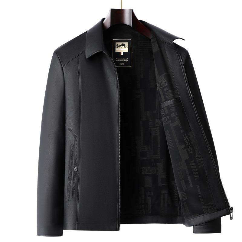 Spring and Autumn New Chinese Men's Leather Jacket Lapel Spring and Autumn Leather Clothes Jacket Warm Dad's Executive Jacket