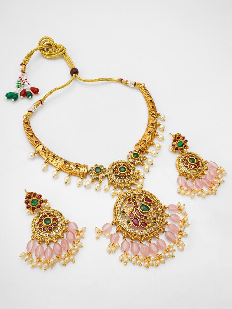 Gold-Plated Multi Stone-Studded & Beaded Temple Jewellery Set