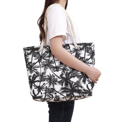 2024 New Coconut Tree Beach Bag Single Shoulder Bag Women's Large Capacity Portable Canvas Bag Fashionable and Simple Zipper Shopping Bag