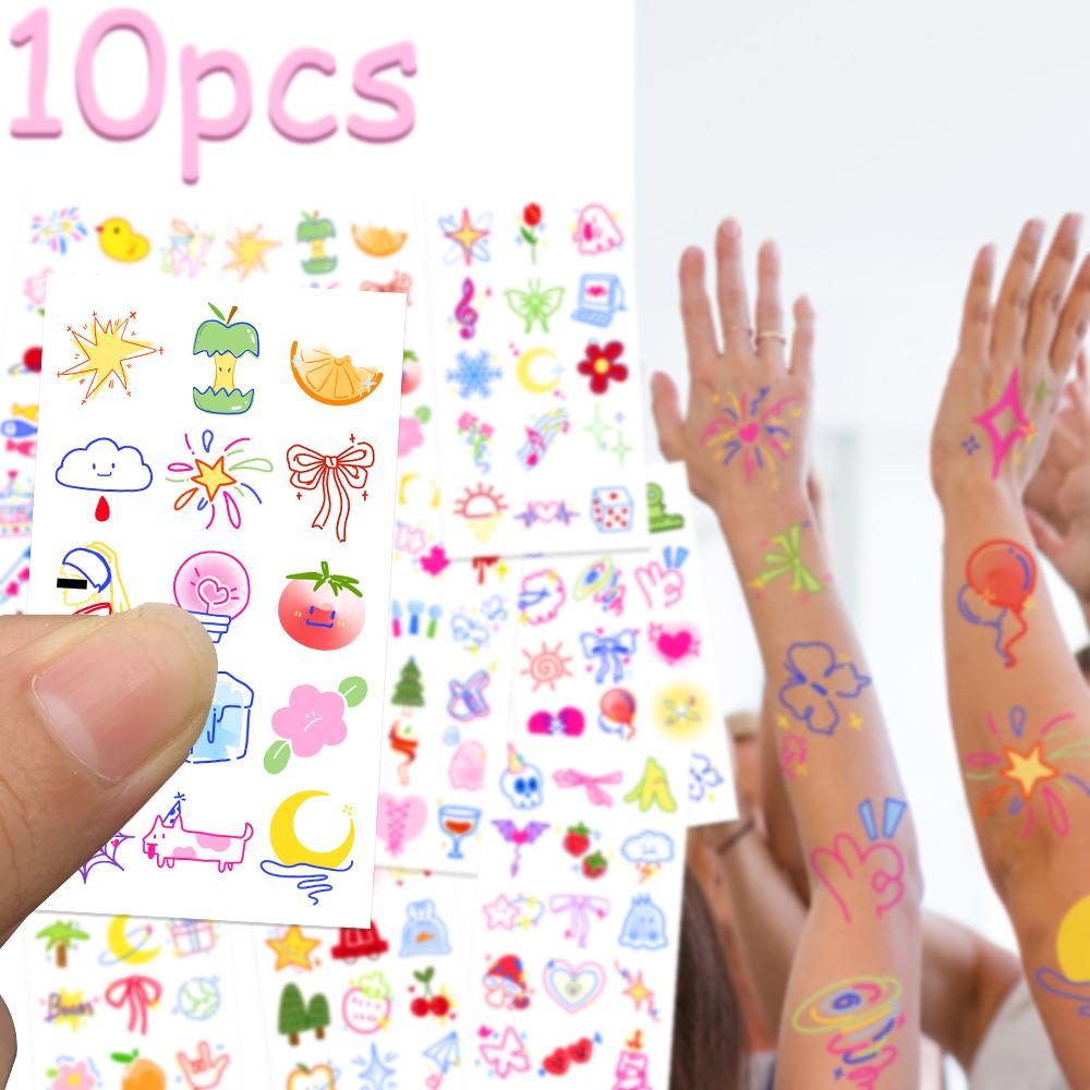 10sheets Colorful Dopamine Small Pattern Tattoo Stickers For Face Arm Body Temporary Fake Waterproof Tattoo Stickers Kids Gifts