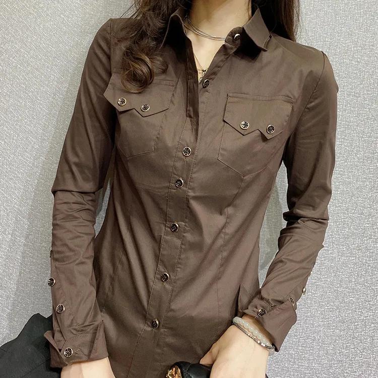 Spring Women's Long Sleeve Green Shirts Autumn Office Lady Pocket Blouses Women Button Up Tops
