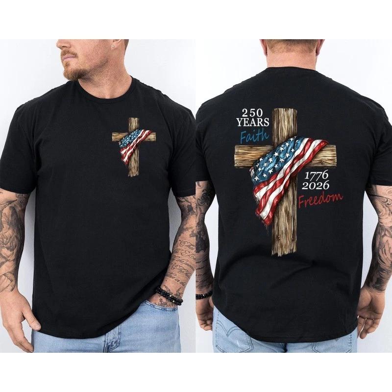 250 Years American Flag 250th Anniversary Faith Freedom Eagle Front & Back Shirt XL