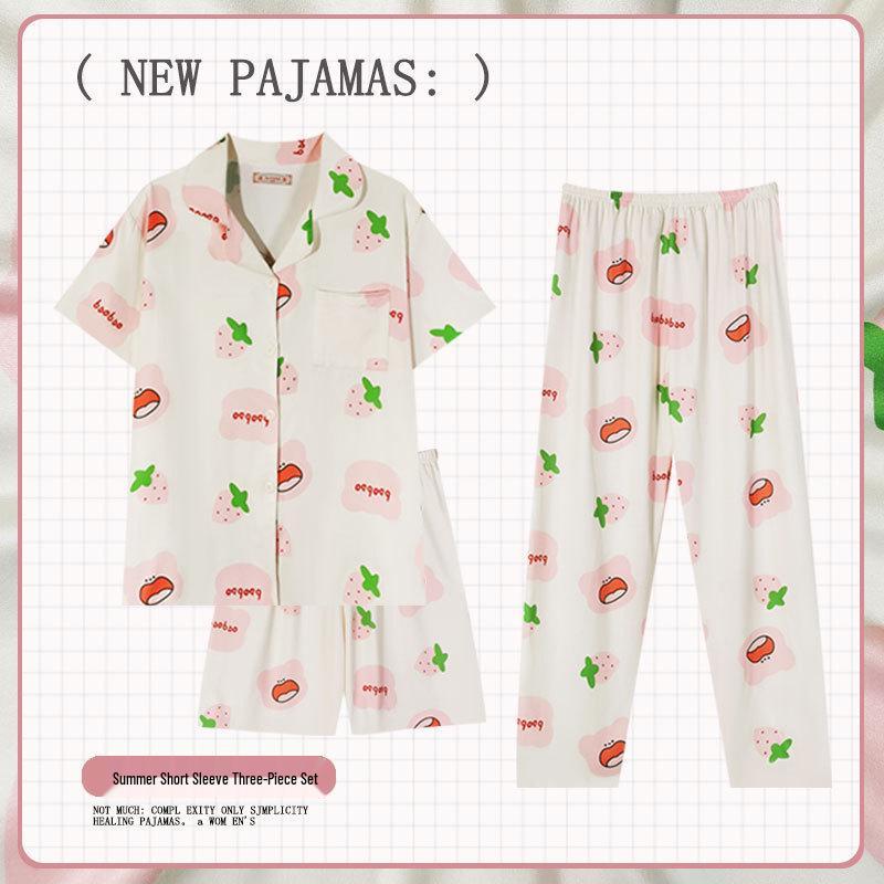 Pastoral Women's Pajama Set: Soft, Cute Rabbit Design, Short-Sleeve, Casual Three-Piece Loungewear.