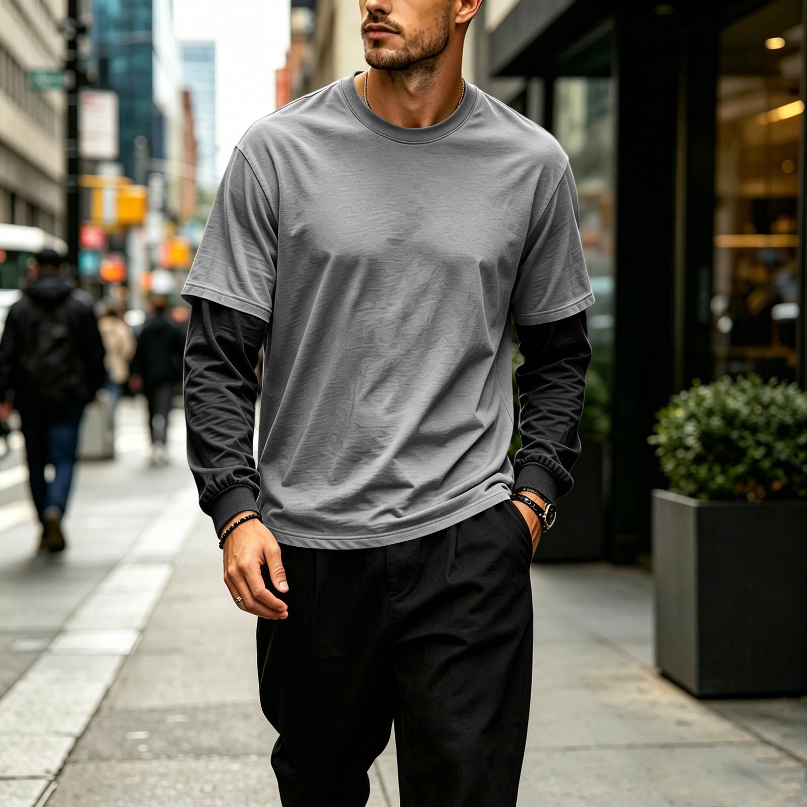Men s Casual Faux Two-Piece Spliced Sweatshirt Long Sleeve Pullover for Everyday Wear L
