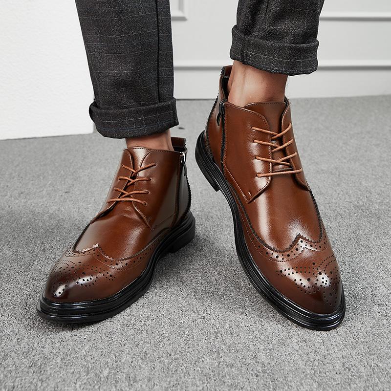 Men Black Ankle Boots Motorcycle Casual Brown Brogues Waterproof Men’s Street Style Boots Wingtip Dress Formal Leather Boots