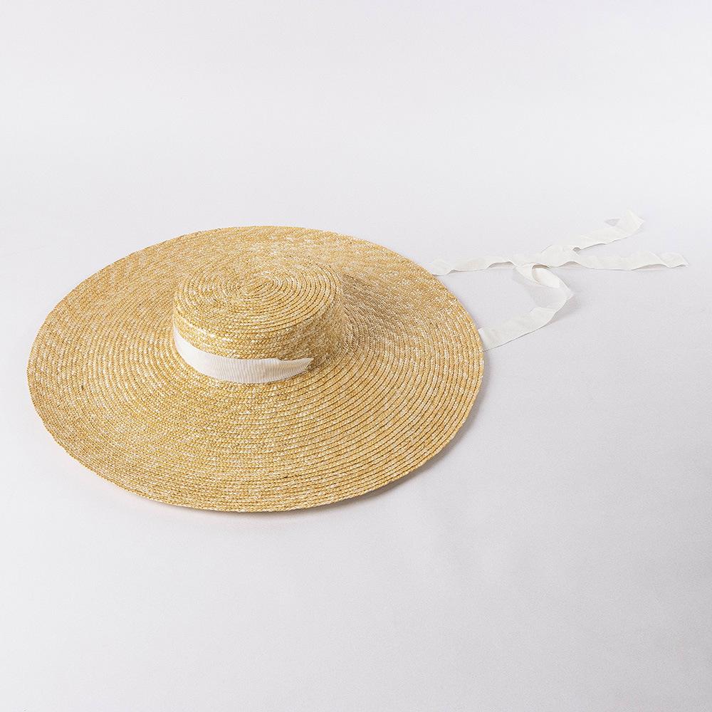 Summer new retro fashion big eaves straw tether flat top straw hat, beach travel sun protection flat top straw hat