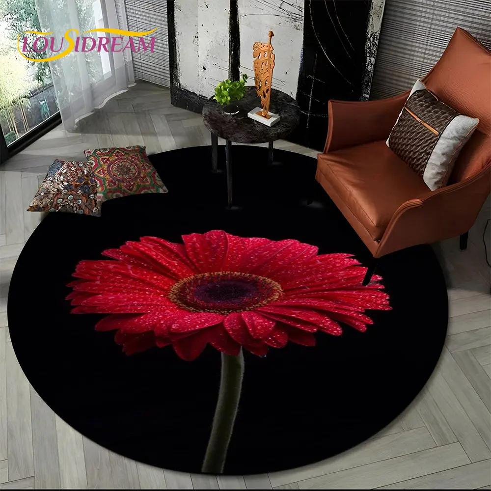 3D Daisy Nordic Flower Sunflower Round Area Rug,Carpet for Living Room Children's Bedroom Sofa Playroom Decor,Non-slip Floor Mat