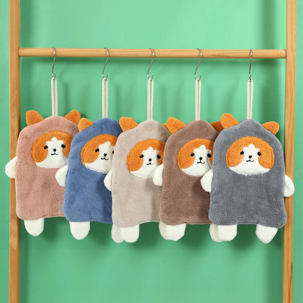 Towel Dog Pattern Coral Fleece Strong Water Absorption Fast Drying Hanging Hand Towel Brown