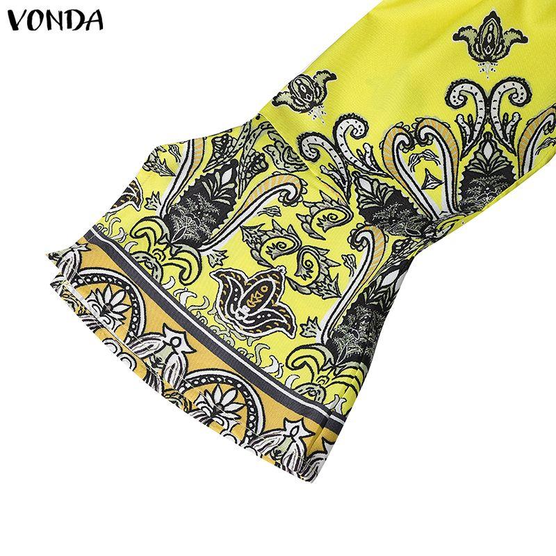 VONDA 2PCS Women Ethnic Long Sleeve Print Blouse and Pants Casual Two Piece Suit Sets