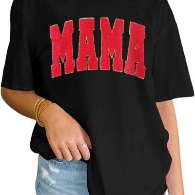 BOUTIKOME Mama Shirts for Women Sequin Glitter Patch Letter T-Shirt Chenille Mom Life Summer Tees Short Sleeve Loose Tops