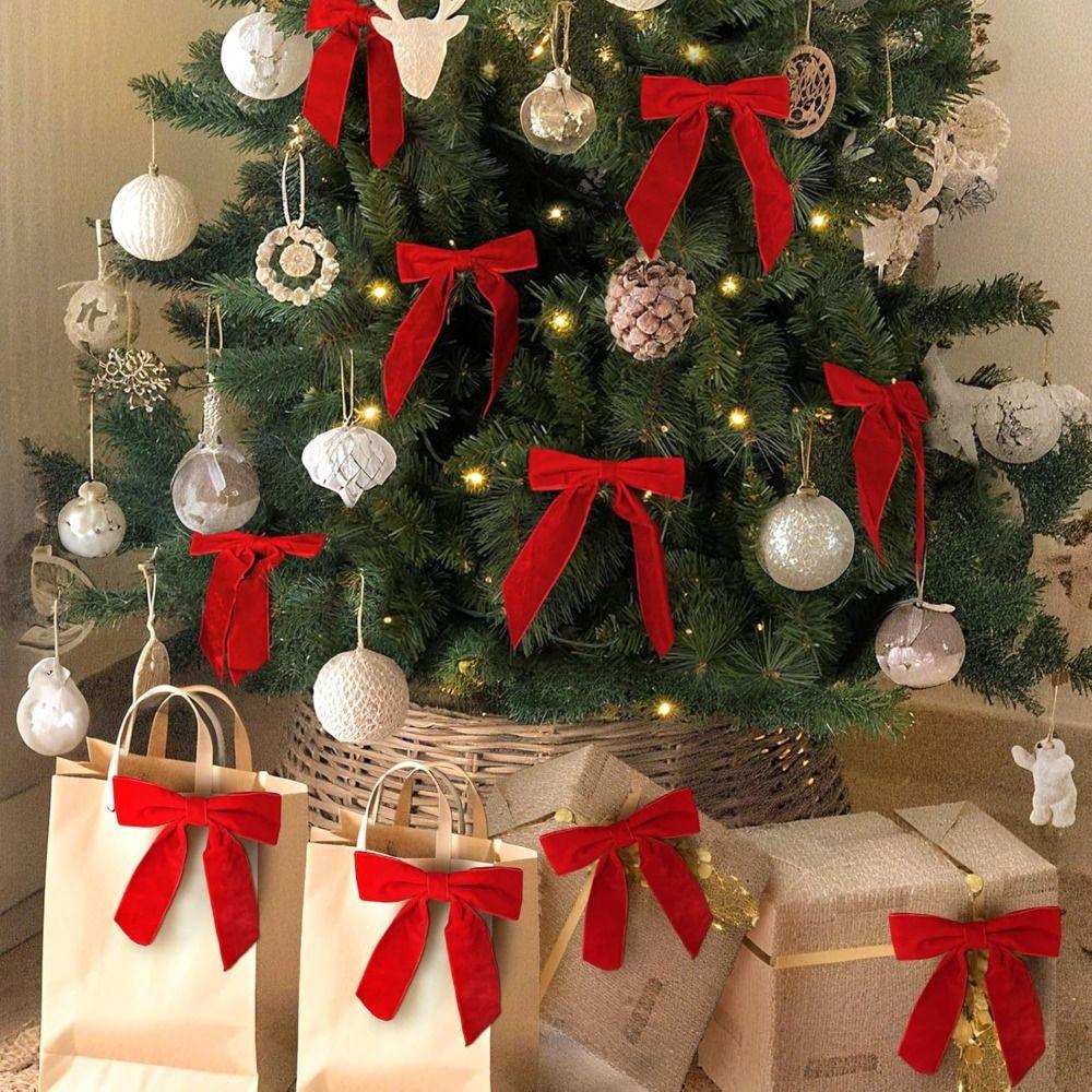 12pcs/set Vintage Christmas Tree Bows Velvet DIY Velvet Ribbon Bow Red Elegance Christmas Tree Decoration