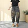 Literary Retro Ethnic Style Color Disc Buckle Embroidered Jeans Women's Loose Large Size Embroidered Nine-point Harem Pants Spring