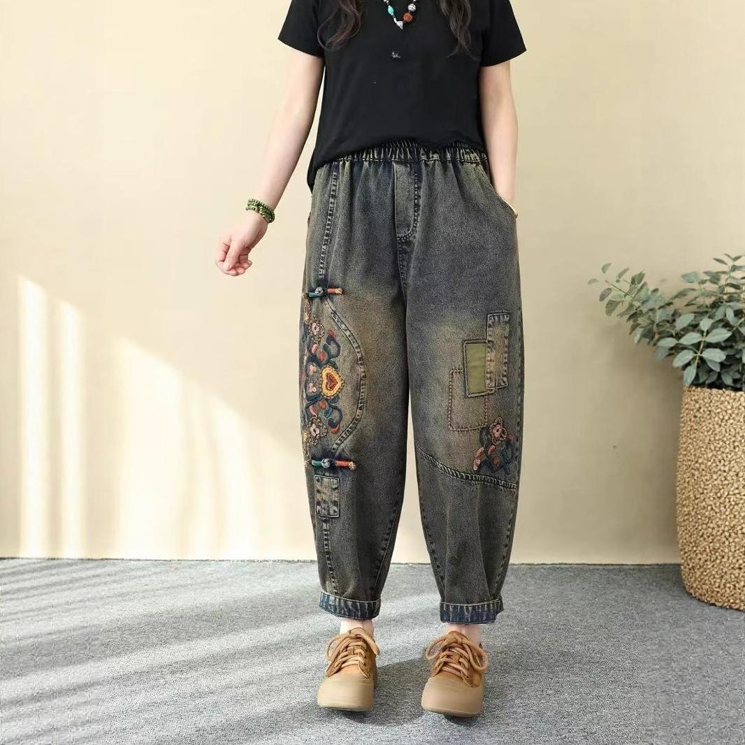 Литературный Ретро Этнический Стиль Цветная Пряжка-Диск Вышитые Джинсы Женские Свободные Большого Размера Вышитые Брюки-Шаровары длиной 9/10 Весна S