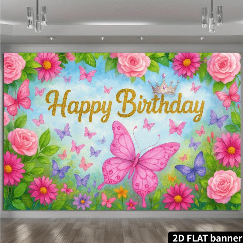 1 piece, 2D flat butterfly floral birthday backdrop, polyester material, suitable for birthday parties/girls' get-togethers. (ws