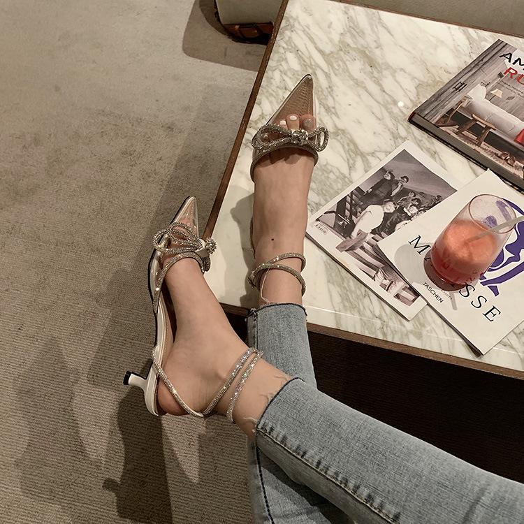 

Туфли-лодочки на высоком каблуке женские новые нишевые одинарные туфли с чувством дизайна тонкого каблука, остроносые, с ремешками и стразами, сандалии 39