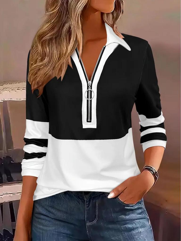 2025 Women's Spring/Summer Fashion Casual Print Turn-Down Collar Zipper Long Sleeve T-shirt