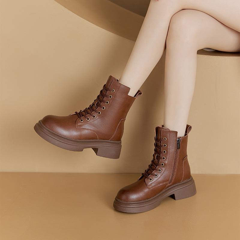 Women's Boots 2026 Autumn Retro Genuine Leather Women's Korean Edition Thick Bottom Zipper Short Boots for Women