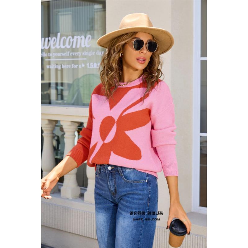 2025 Nový Podzim Zima Dámský Svetr s Dlouhým Rukávem Módní Všestranný Pletený Pulovr s Květinovou Aplikací