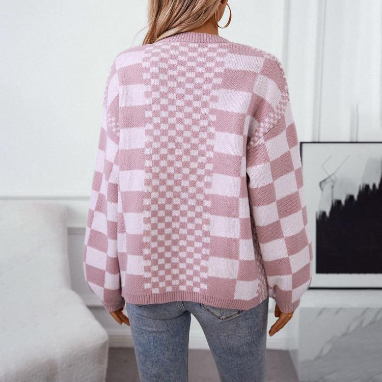 Loose Knitwear Cardigan Long Sleeve Vintage Print Top Sweater for Autumn Winter V Neck