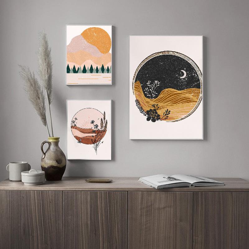 

Абстрактная оранжевая винтажная картина с горным закатом и закатом в стиле бохо, холст, картина для гостиной, настенный художественный декор, фотографии, постеры, принты