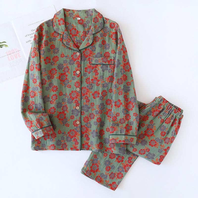 Women's Retro Jacquard Cotton Pajama Set – Spring/Autumn Long Sleeve Casual Homewear