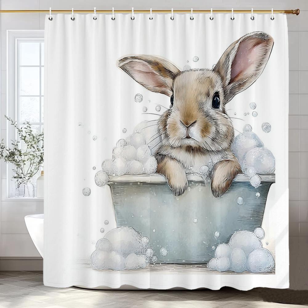 1pc Cartoon Cute Rabbit Bathing in Bathtub Print Waterproof Shower Partition Privacy Hanging Curtain with Hooks Machine Washable