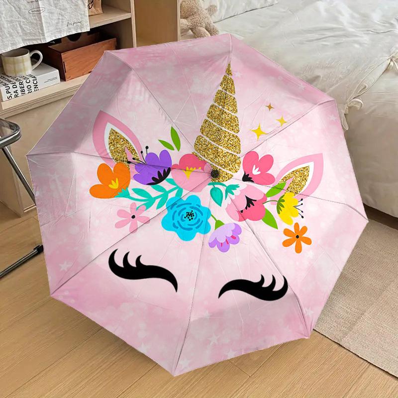 1 Stück Einhorn Blumig Rosa Hintergrund Regenschirm mit Kunststoffgriff, Geeignet für Alle Jahreszeiten Zuhause Reise Outdoor RegenschirmDD1499