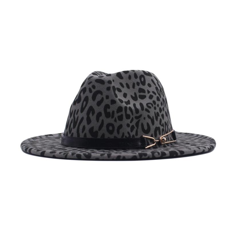 European and American new woolen leopard print top hat flat-brimmed big eaves hat couple hat pair buckle chain jazz hat