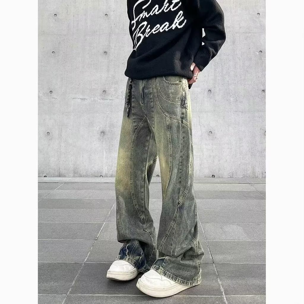Retro high street straight deconstruction old retro jeans men and women thin and tall wide-leg slightly pulled pants