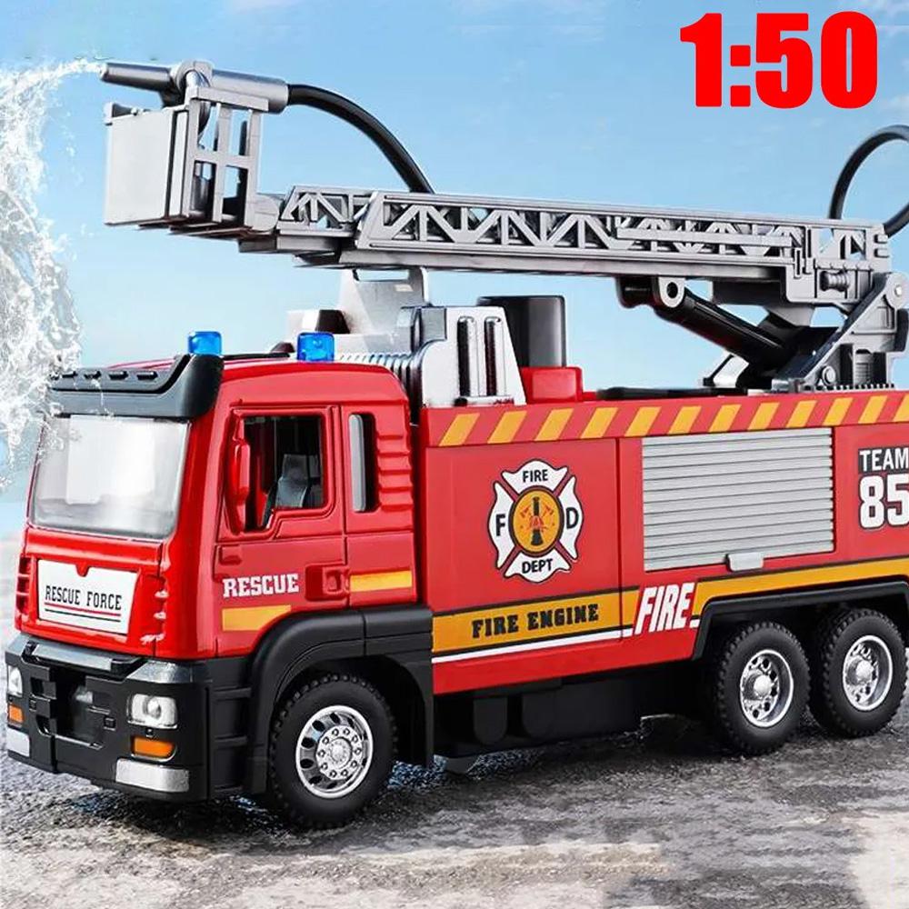New 1:50 Alloy Fire Truck Die-casting Simulation Water Spraying Car Toy with Lights and Music, Water Spraying Rescue Car Toy