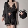Women's Satin Lace Lightweight Deep V Cami Sleep Dress with Tie Robe Lounge Set