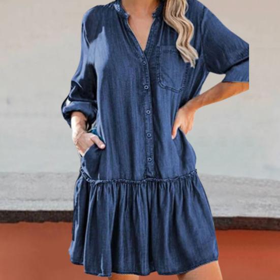 V-Neck Single Breasted Denim Dress Roll-up Sleeve Ruffled Hem Solid Color Mini Dress Streetwear