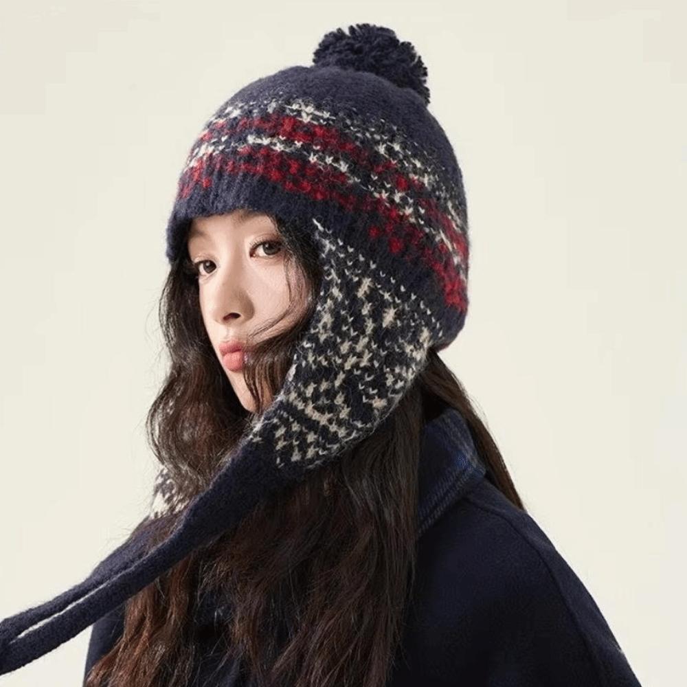 Jacquard Ear Protection Cap Weave Women Wool Cap Casual Knitted Beanies Caps Streetwear