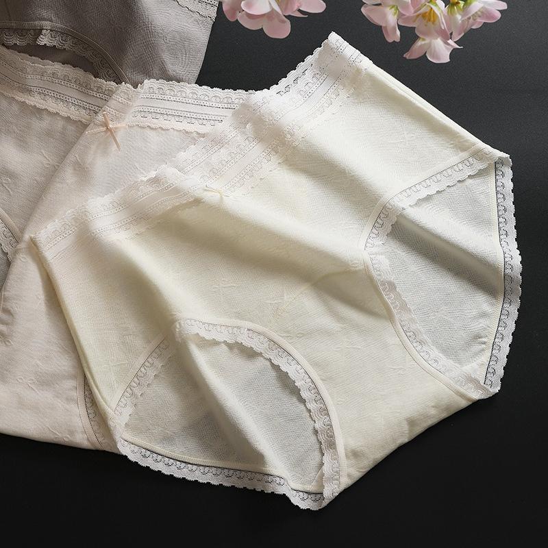 Calcinhas Femininas de Algodão Jacquard com Laço Respirável de Entrepernas Longo para Primavera e Outono