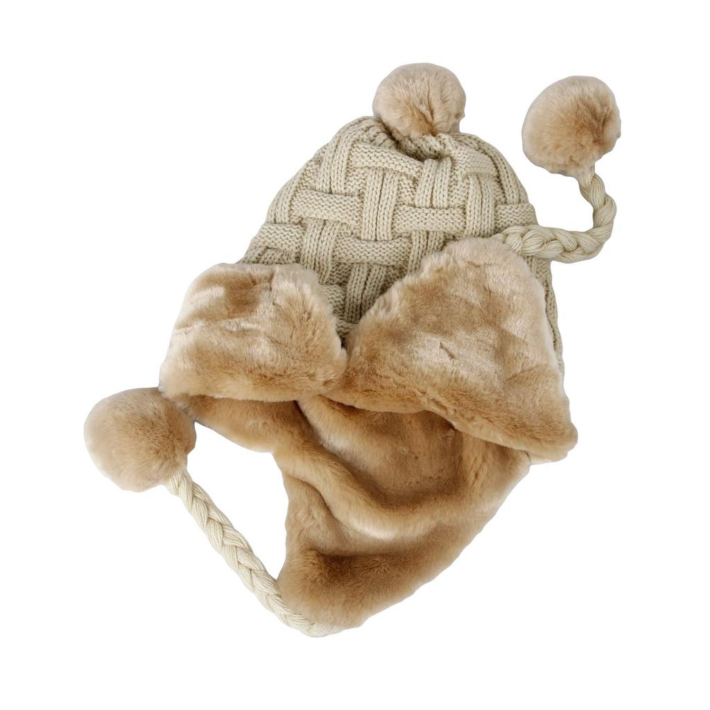 With Moons FZ70022 Warm Winter Knit Hat with Earflaps and Fur Lining (Beige), Pompoms, Woven-Look Design,