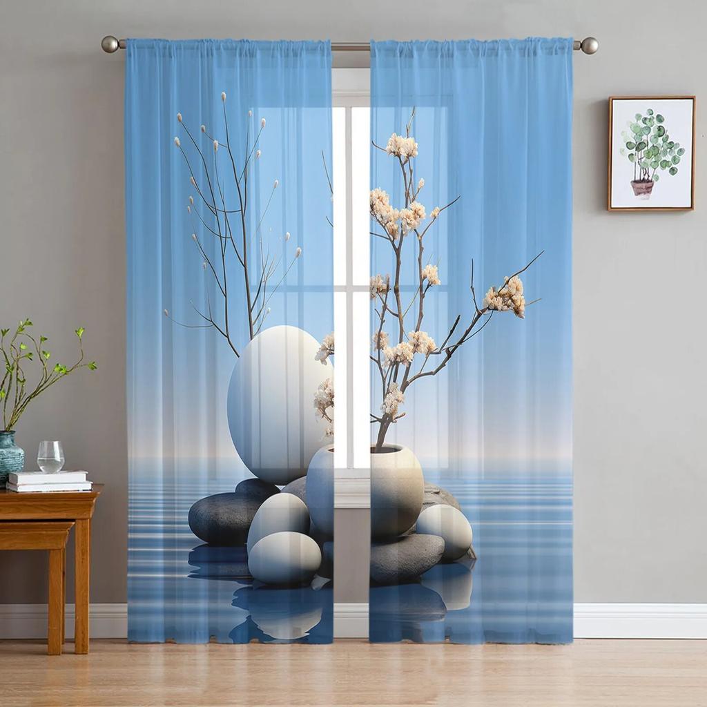 Zen Stones Branch Flower Window Tulle Curtains For Living Room Kitchen Christmas Home Decor Sheer Voile Curtains