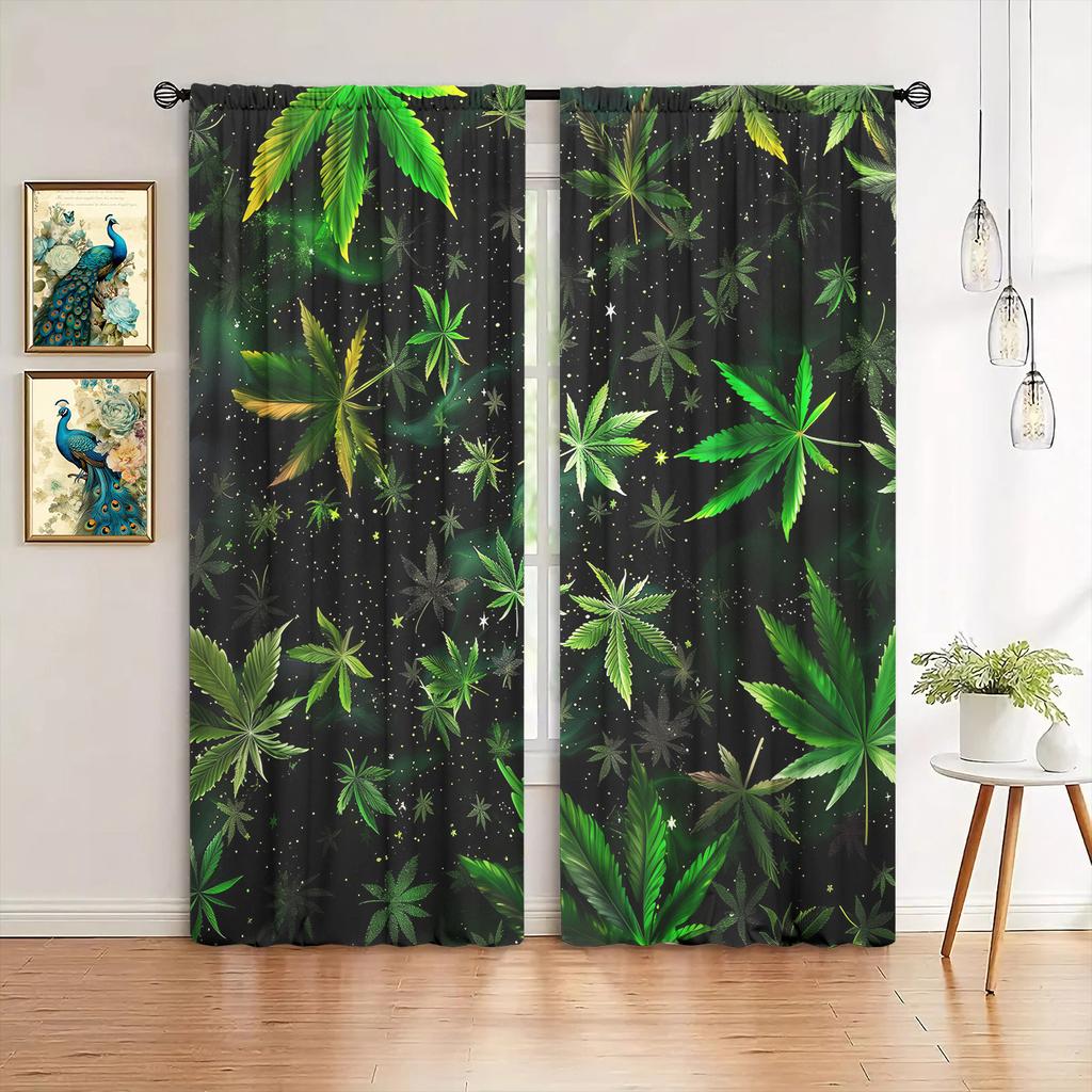 2pcs Green Leaves Printed Curtain for Home Decor - Rod Pocket Window Treatment for Bedroom   Office   Kitchen and Living Room