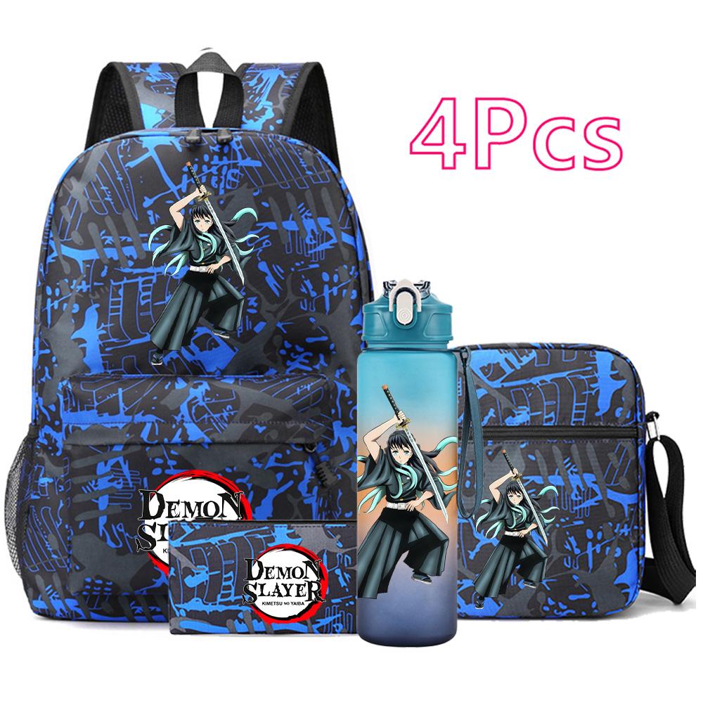 4 Pezzi/set Zaino Stampato Anime Demon Slayer Grande Capacità Borsa per Libri Borsa a Spalla Custodia per Borsa con Borraccia da 750ml Ragazzo Ragazza Zaino Impermeabile