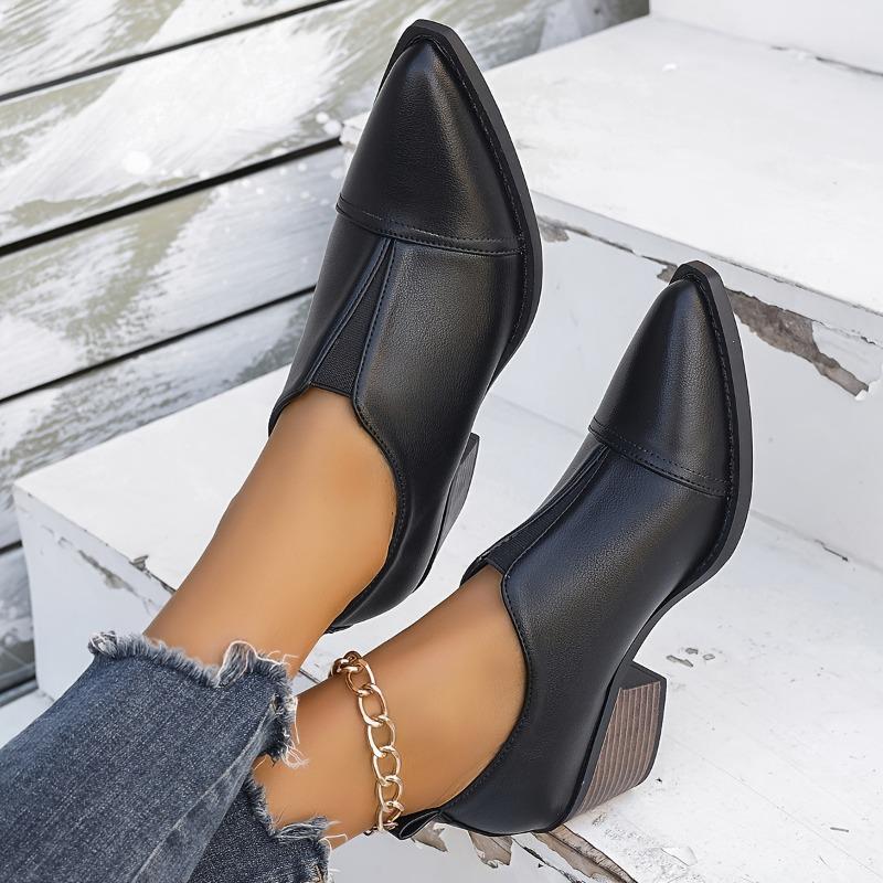 Western Style Elastic Single Shoes, British Style Pointed Toe, Thick Heel, Large Size Chelsea Small Leather Shoes for Women, 2025