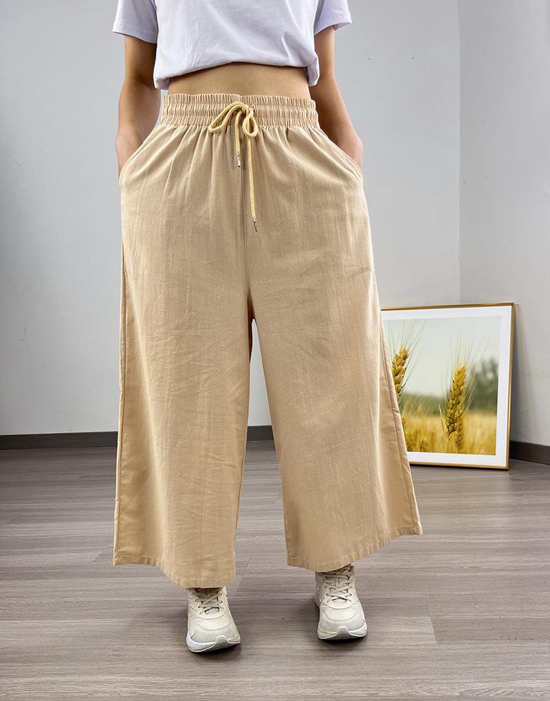 Southeast Asia Women's Casual Loose Ramie Culottes - Wide-Leg All-Cotton Slimming Pants, Eight-Point Length