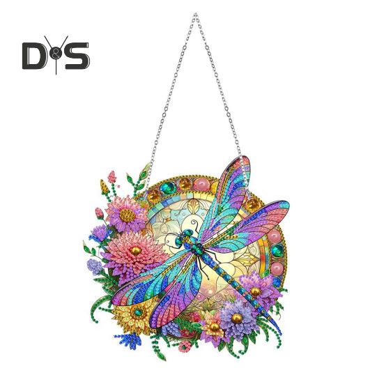 Dragonfly Pendant Special Shapes Faux Diamond Painting Kit Flower Dragonfly Patterned Hanging Ornament DIY Rhinestone Art Set for Home Decor