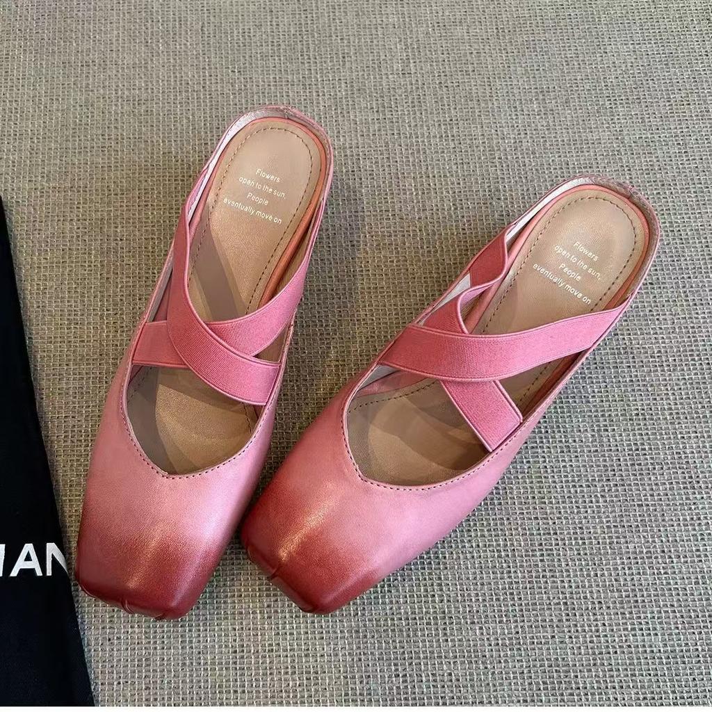 Sheepskin Version~ Retro Square Head Leather Ballet Shoes Versatile Bag Head Half Slippers Women's Outer Shoes