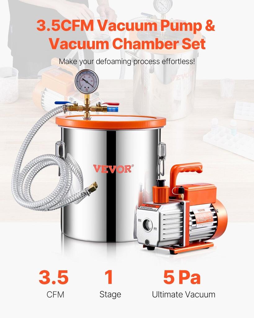 5 Gallon Vacuum Chamber 3.5CFM Single Stage Pump Degassing Chamber Kit