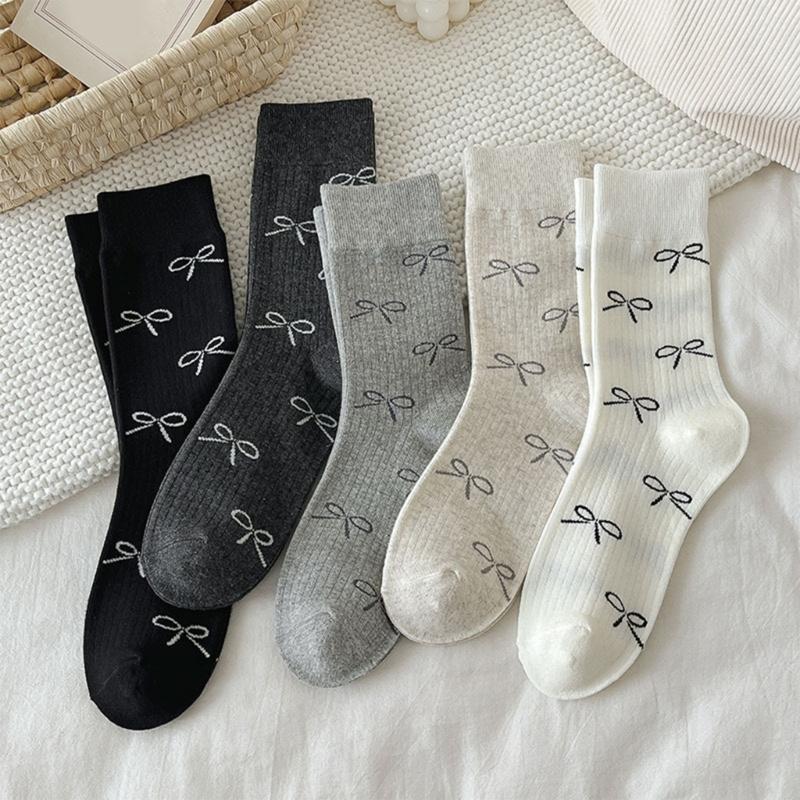 Sweet Girls Elegant Bowknot Pattern Cotton Crew Socks for Women Breathable Casual Fashion Student Middle Calf Socks