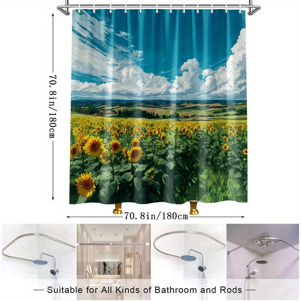 1pc Vibrant Sunflower Shower Curtain - Lush Landscape Design with Rolling Hills & Blue Sky, Machine Washable Polyester Fabric,