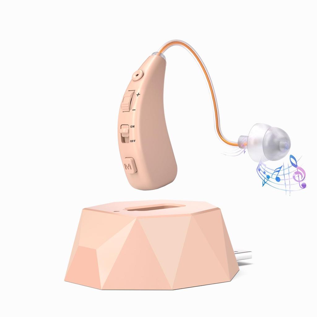 Hearing amplifier for seniors, rechargeable, binaural, ear-hook type, compact, lightweight, two-frequency, volume control