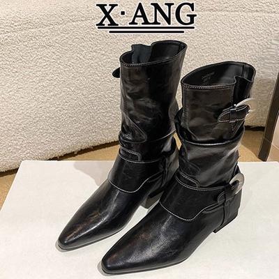 Rindslederversion braune Stiefel mit Fell Damen Western-Cowboystiefel Herbst neu dicker Absatz Ritterstiefel Martin-Stiefel