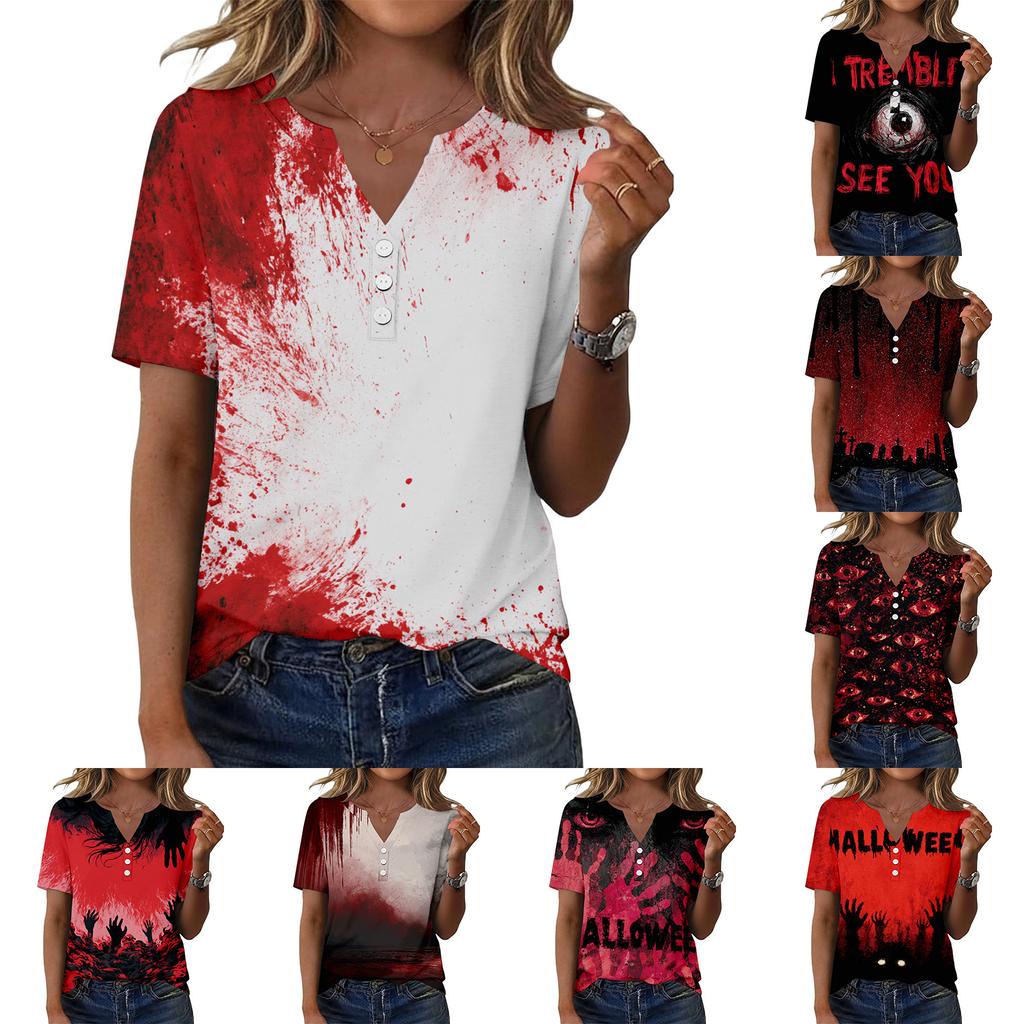 Women's Casual V Neck Short Sleeve Button T Shirt Halloween Themed Graphic Print Top Fashionable Comfortable Fit