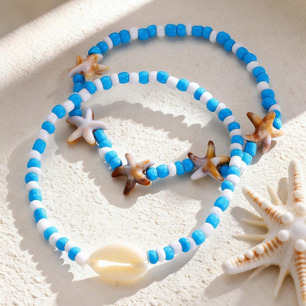3pcs Set Creative Retro Starfish Conch Imitation Pearl Shell Beaded Stackable Anklets for Women Bohemian Vacation Jewelry Gifts